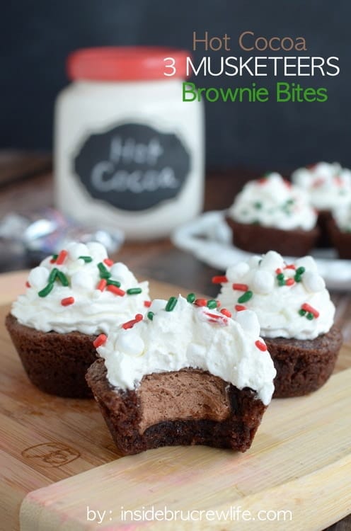 Mini brownie bites with a mini 3 Musketeers bar hidden in the center.
