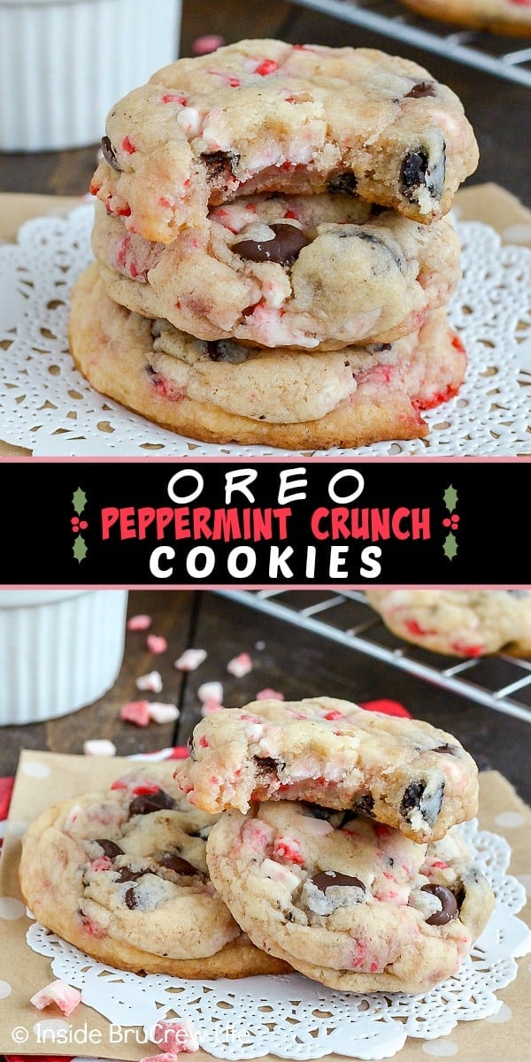 Two pictures of Oreo Peppermint Crunch Cookies collaged together with a black text box