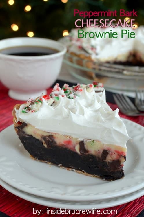 Brownie pie topped with a fun peppermint bark cheesecake is a perfect holiday dessert!