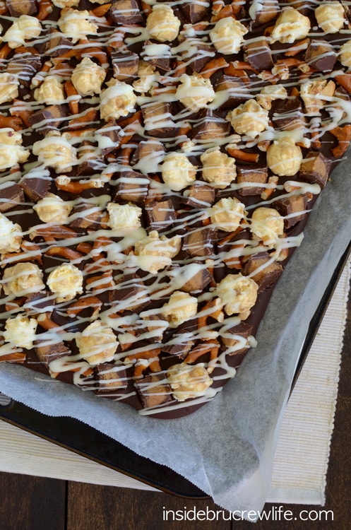 A sheet pan with Reese's chocolate bark on it.