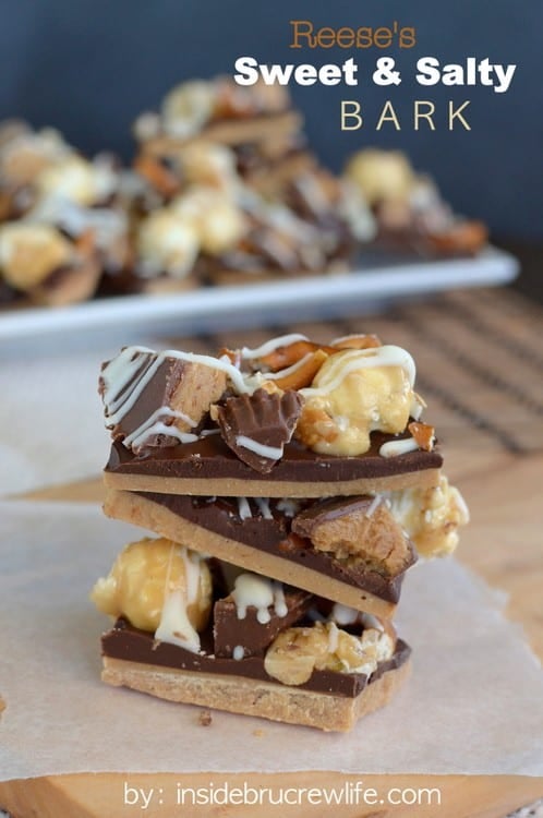 A stack of chocolate and Reese's bark pieces.