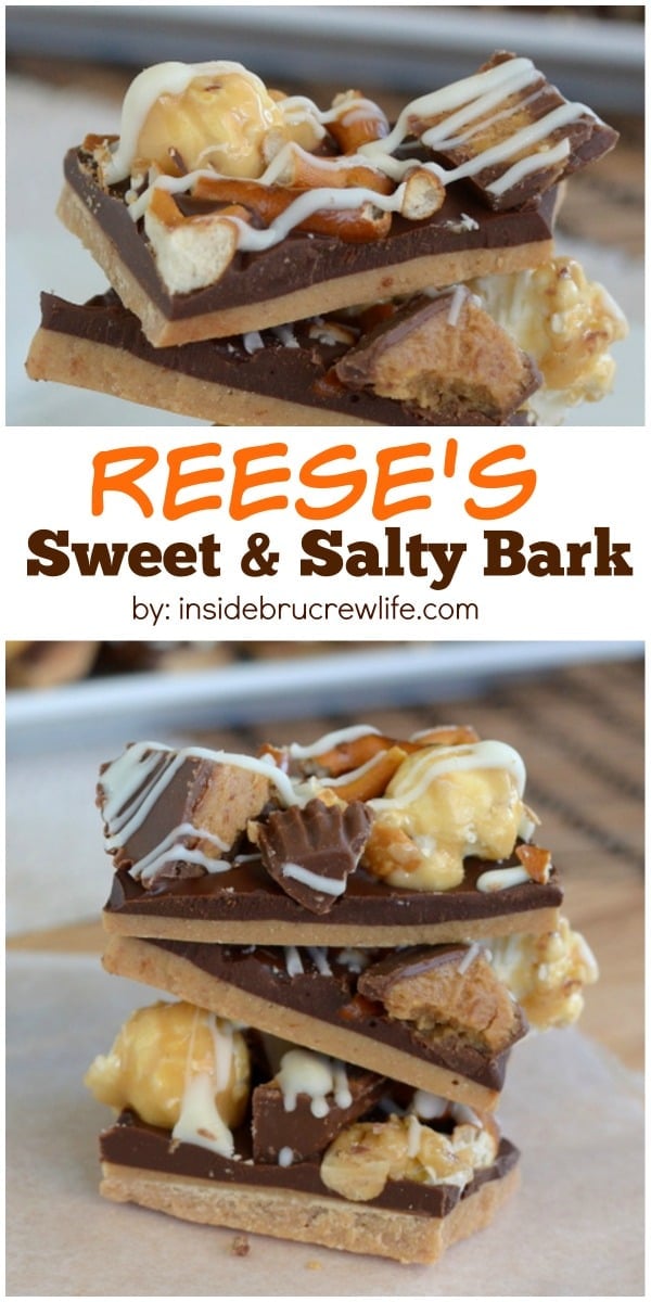 This easy no bake chocolate treat has peanut butter cups and pretzels for a great sweet and salty taste.