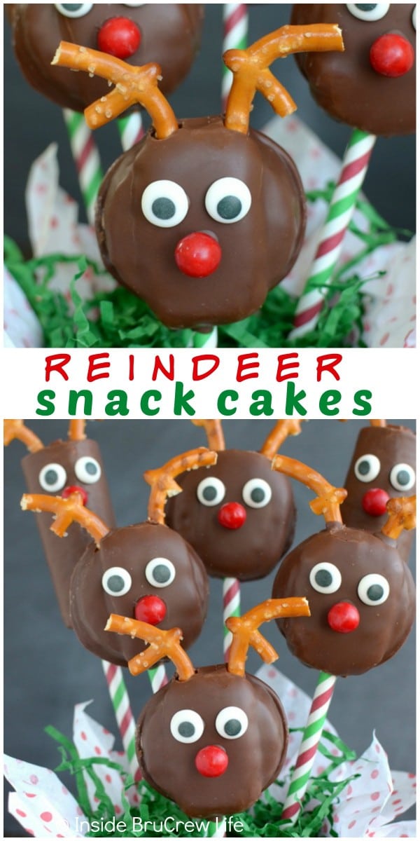 Straws, pretzels, and candy turn store bought cakes into cute little Christmas reindeer snack cakes.