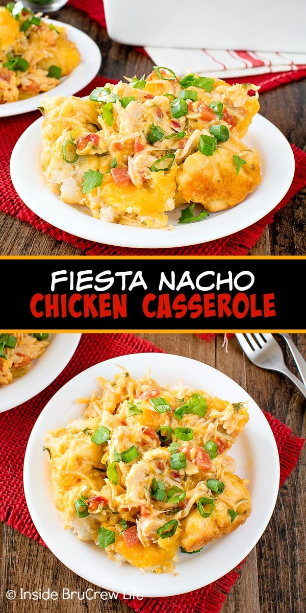 Fiesta Nacho Chicken Bake - cheese, veggies, and biscuits make this chicken casserole taste amazing. Make this easy recipe for a quick and easy dinner on chilly nights.