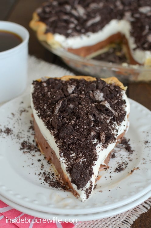 Nutella Cheesecake Pie topped with chocolate cream cookies is a favorite every time!