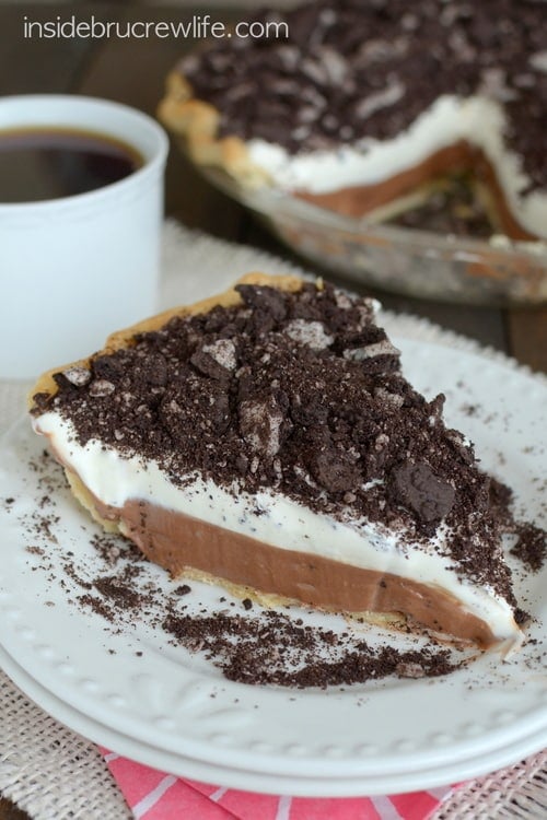 Nutella Cheesecake Pie topped with chocolate cream cookies is a favorite every time!