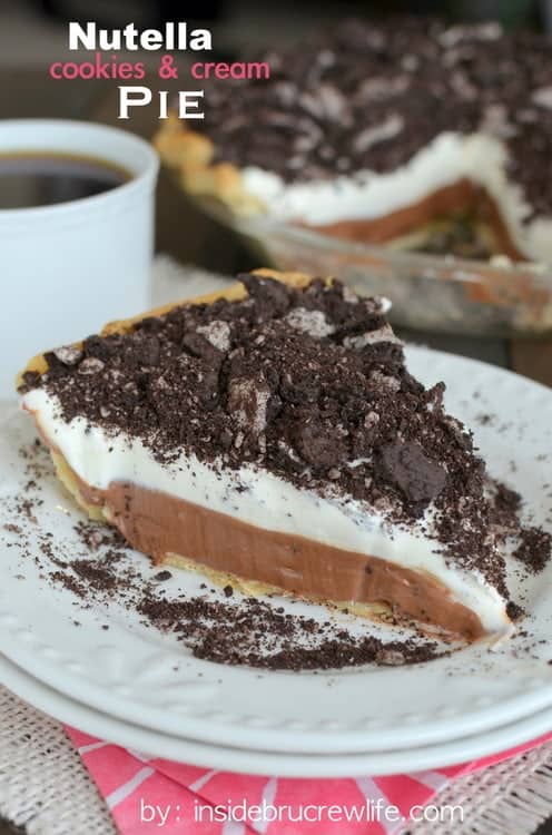 Nutella Cheesecake Pie topped with chocolate cream cookies is a favorite every time!