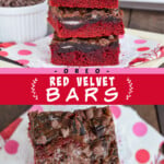 Two pictures of red velvet bars collaged with a red text box.