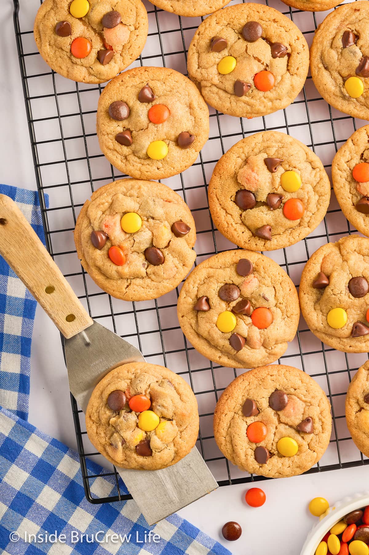 Cookies on a wire rack topped with Reese's Pieces candies.