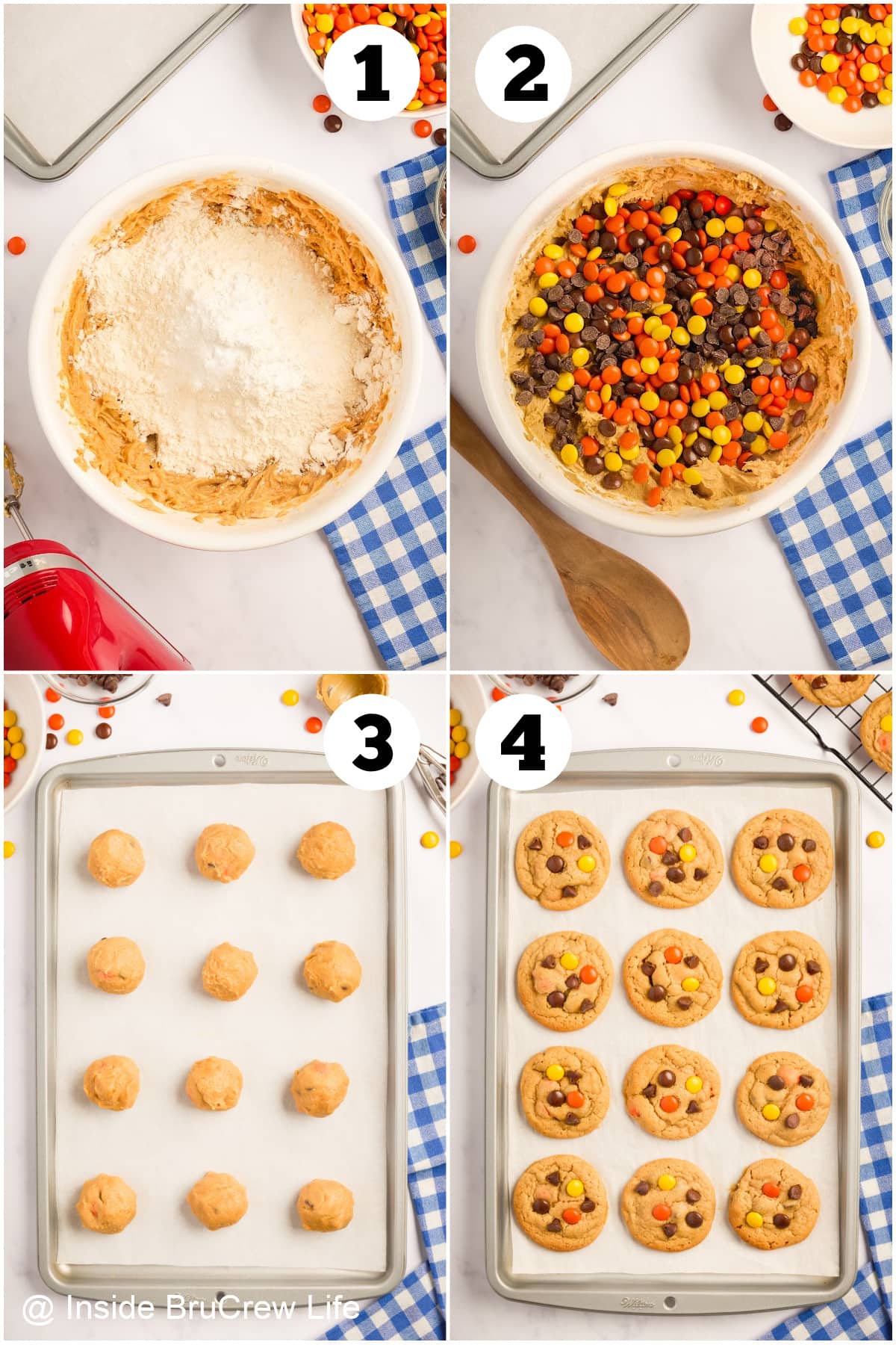 Four pictures collaged together showing how to make candy loaded peanut butter cookies.