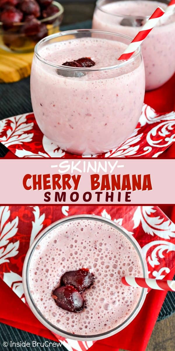 Skinny Cherry Banana Smoothie - this pretty pink smoothie is loaded with protein and will keep you full longer in the day. Great recipe to make when you are eating healthy! #healthy #smoothie #proteinshake #healthyeating