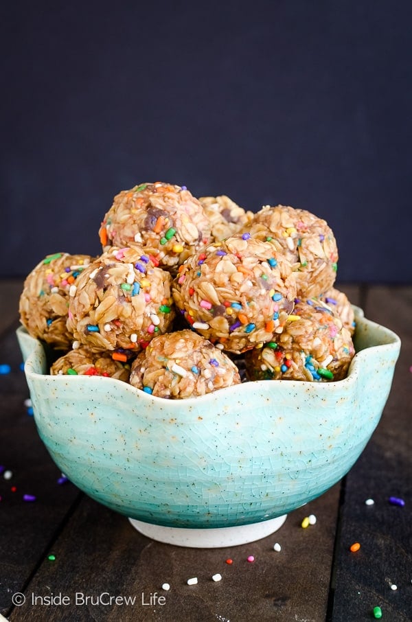 A bowl filled with peanut butter granola bites