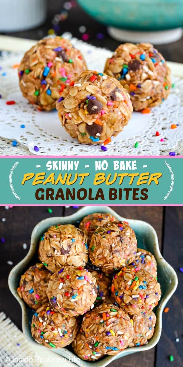 Two pictures of peanut butter granola bites collaged together with a green text box