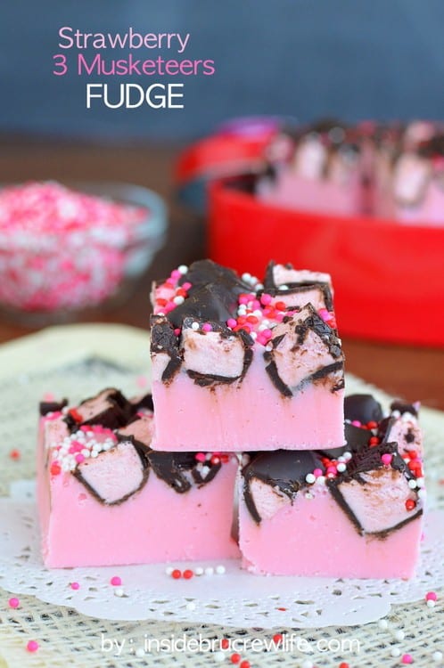 3 Musketeers candy bars add a fun twist to this easy strawberry fudge