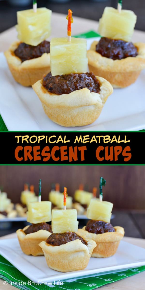 Tropical Meatball Crescent Cups - barbecue meatballs and pineapple inside a crescent roll cup is an easy and delicious snack idea. Make this appetizer recipe for game day parties this fall! 