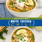 Two pictures of white chicken chili with a blue text box.