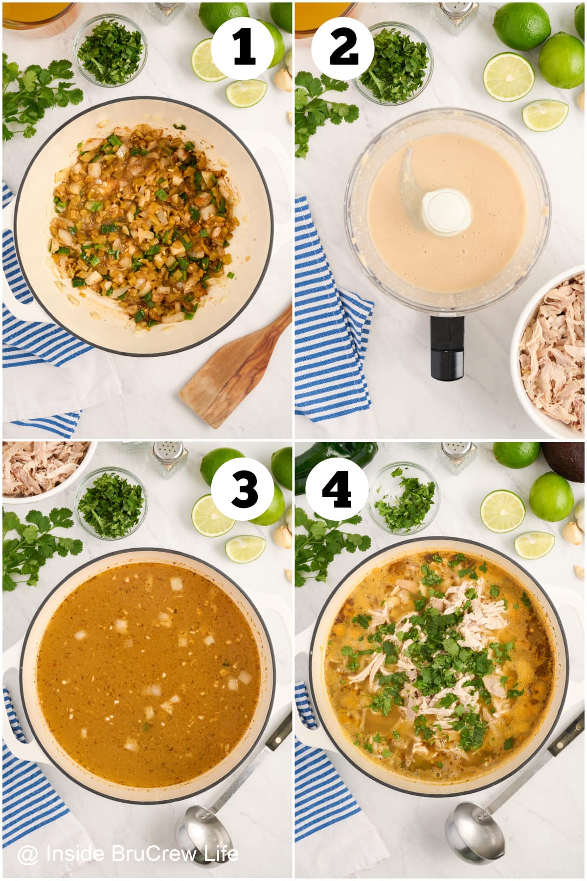 Four pictures collaged together showing how to make white bean chili.
