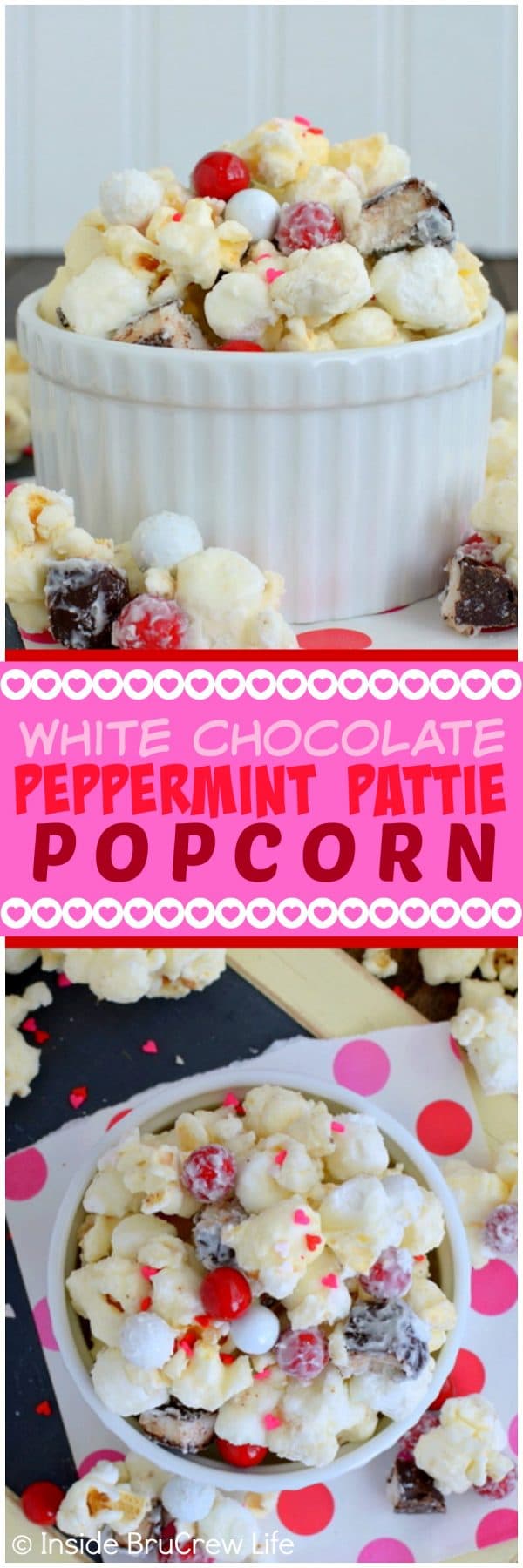 White Chocolate Peppermint Pattie Popcorn - sweet snack mix loaded with marshmallows, peppermint candies, and sprinkles! 