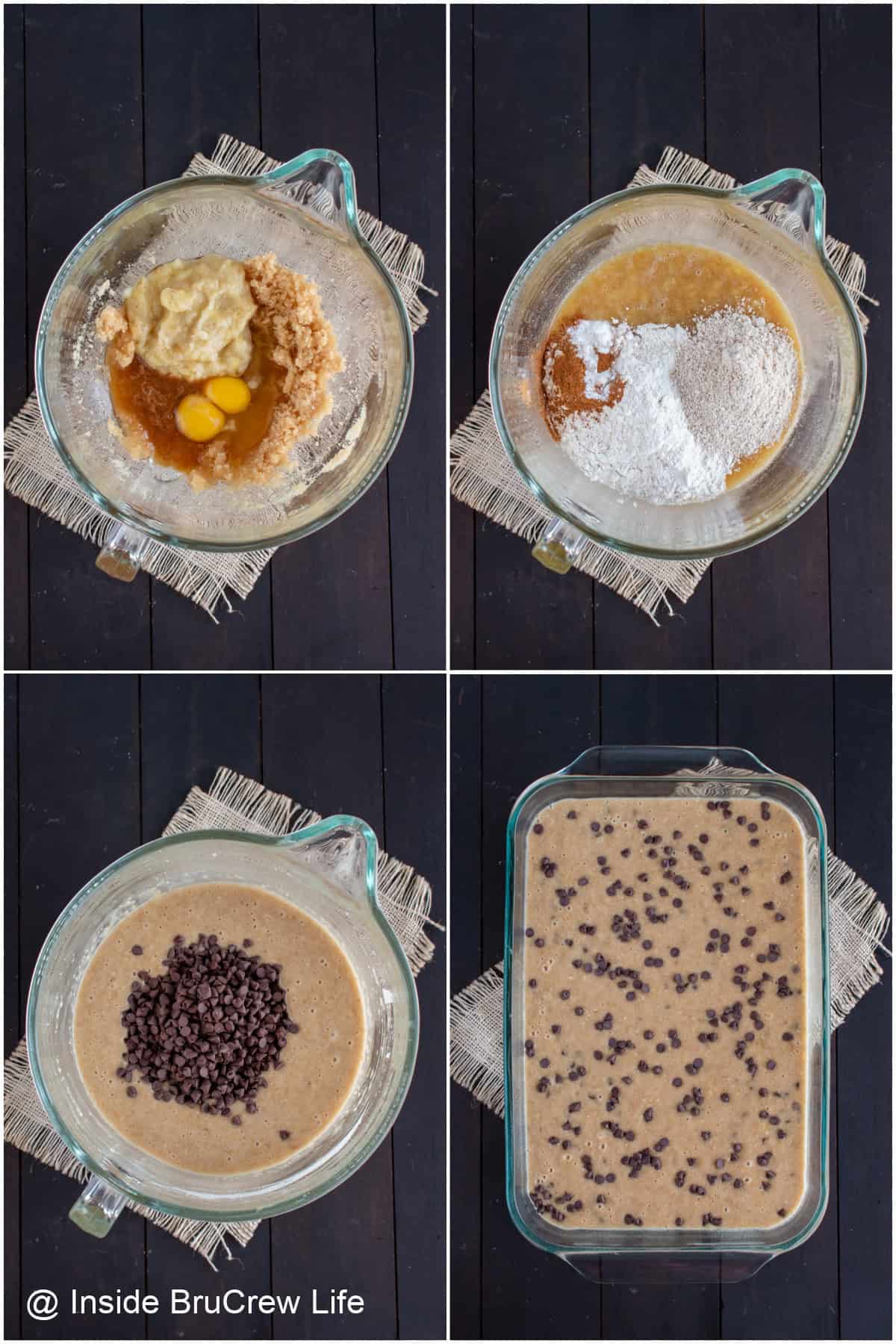 Step by step photos showing how to make a banana sheet cake with chocolate chips.