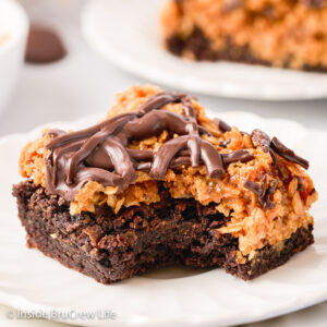 A white plate with a coconut topped brownie on it.