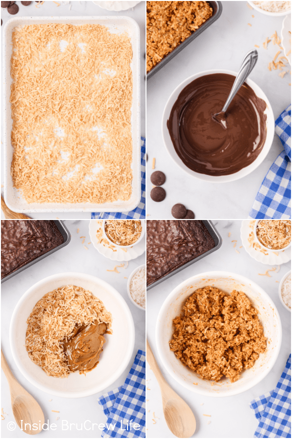 Four pictures collaged together showing how to make a caramel coconut mixture.