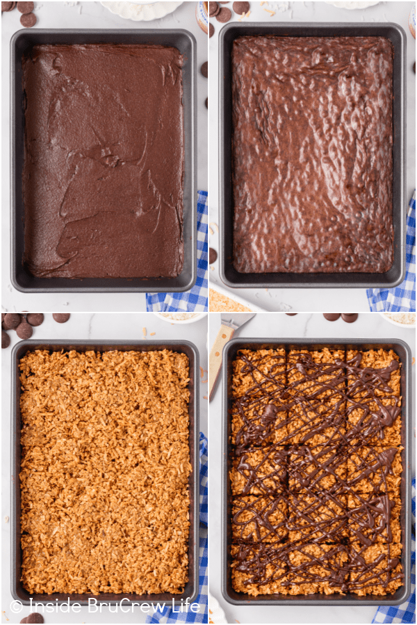 Four pictures collaged together showing how to make Samoas topped brownies.