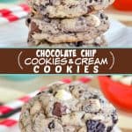 Two pictures of cookies and cream cookies with a brown text box.