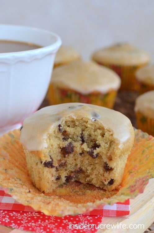 These soft and fluffy chocolate chip muffins have a hit of caffeine from coffee in the muffins and in the glaze. 