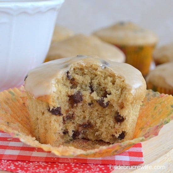 These soft and fluffy chocolate chip muffins have a hit of caffeine from coffee in the muffins and in the glaze. 