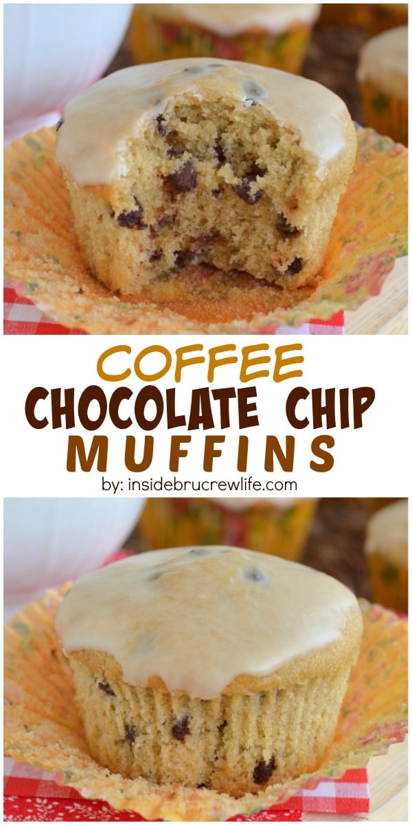 These soft and fluffy chocolate chip muffins have a hit of caffeine from coffee in the muffins and in the glaze. 