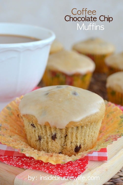 These soft and fluffy chocolate chip muffins have a hit of caffeine from coffee in the muffins and in the glaze. 