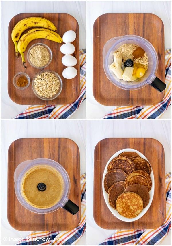 A collage of four pictures showing how to make banana oatmeal pancakes in the blender.