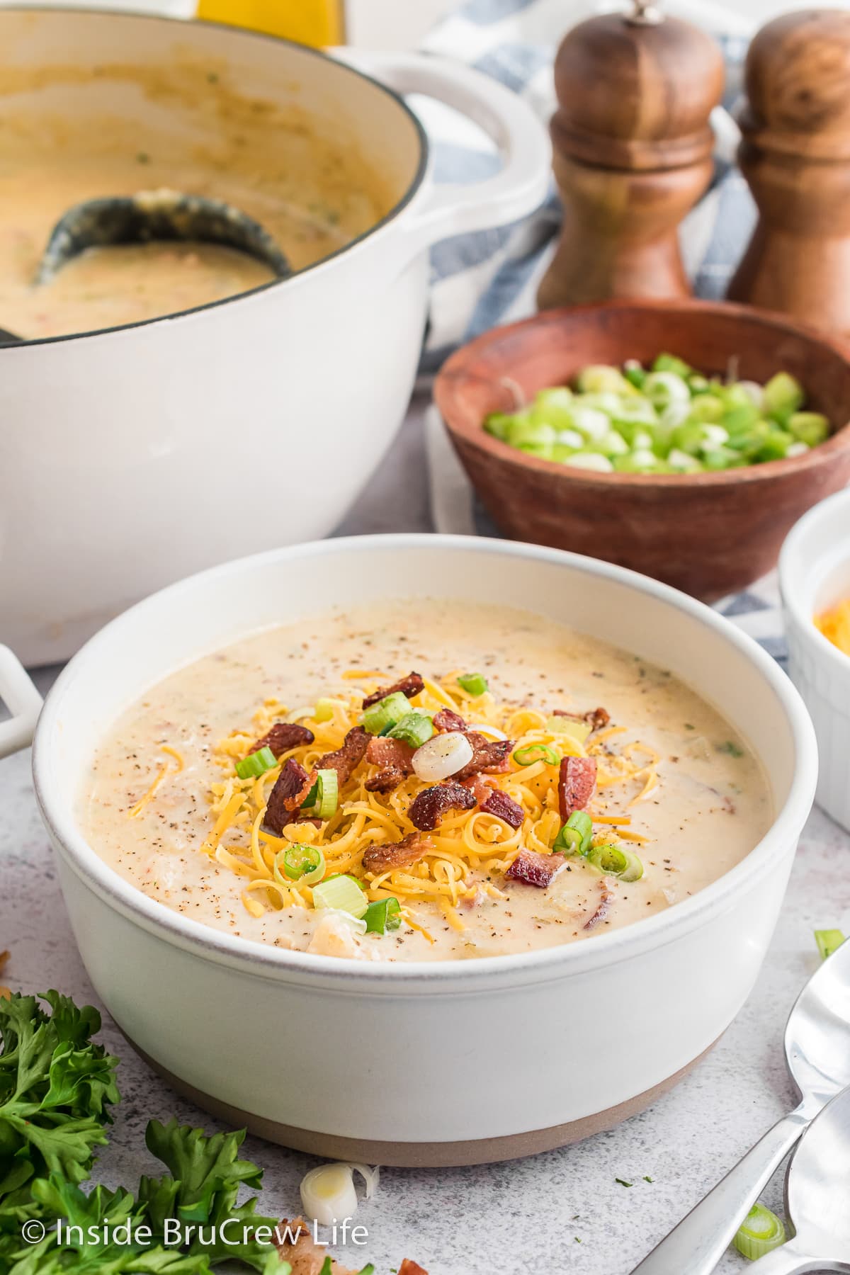 A white bowl filled with creamy potato soup and extra toppings.