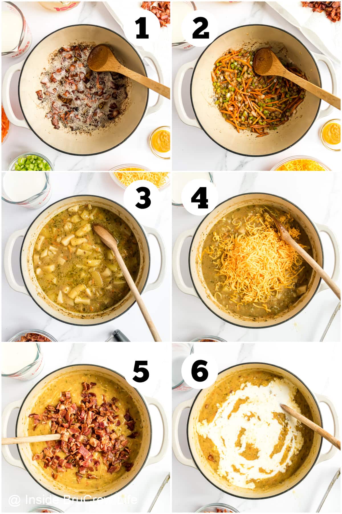 Six pictures collaged together showing how to make a homemade creamy potato soup.