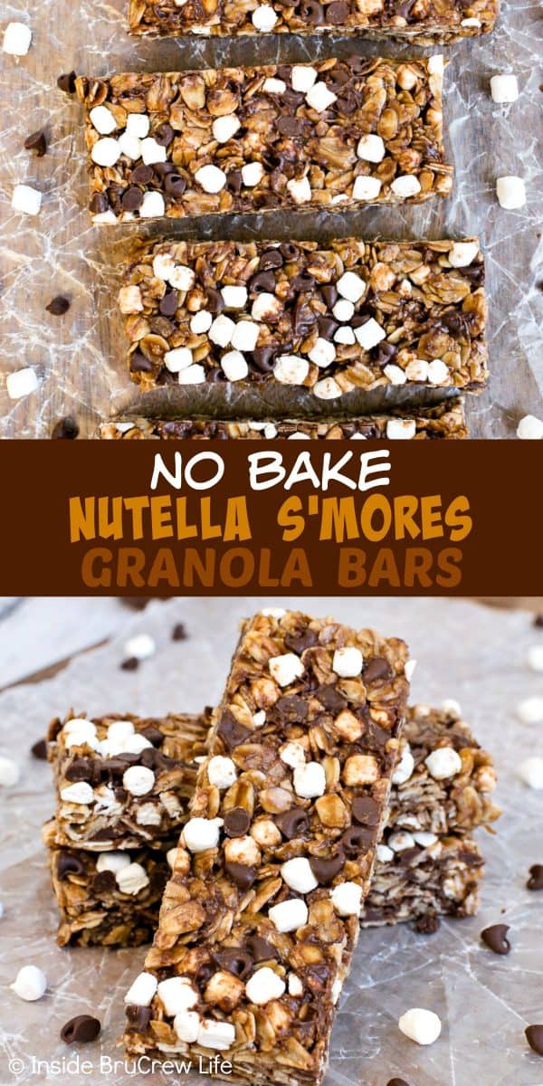 Two pictures of nutella s'mores granola bars collaged together with a brown text box