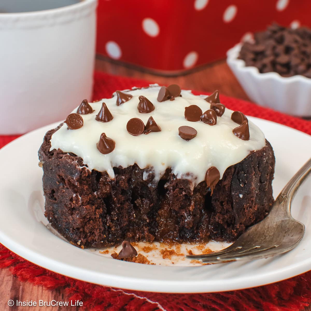 A melty and gooey chocolate cinnamon roll with frosting on a white plate.