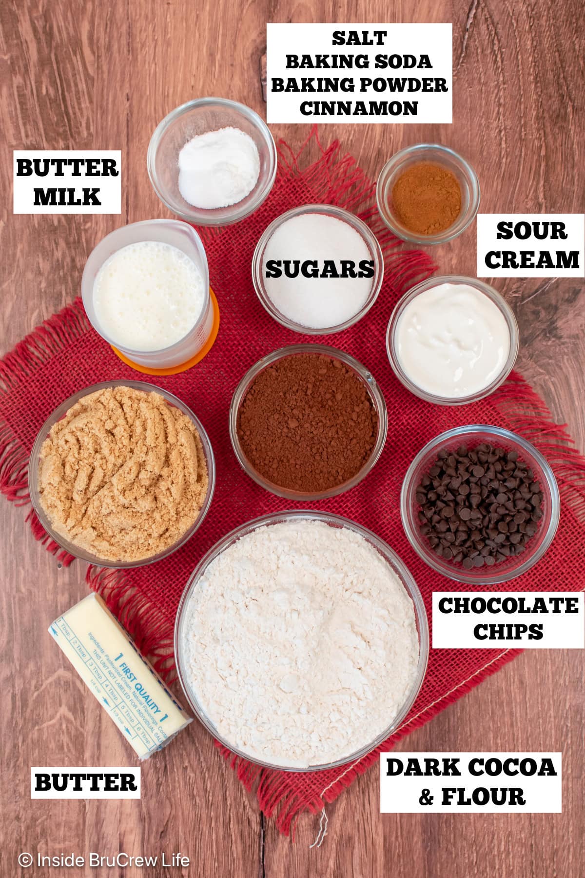Bowls of ingredients needed to make chocolate sweet rolls without yeast.