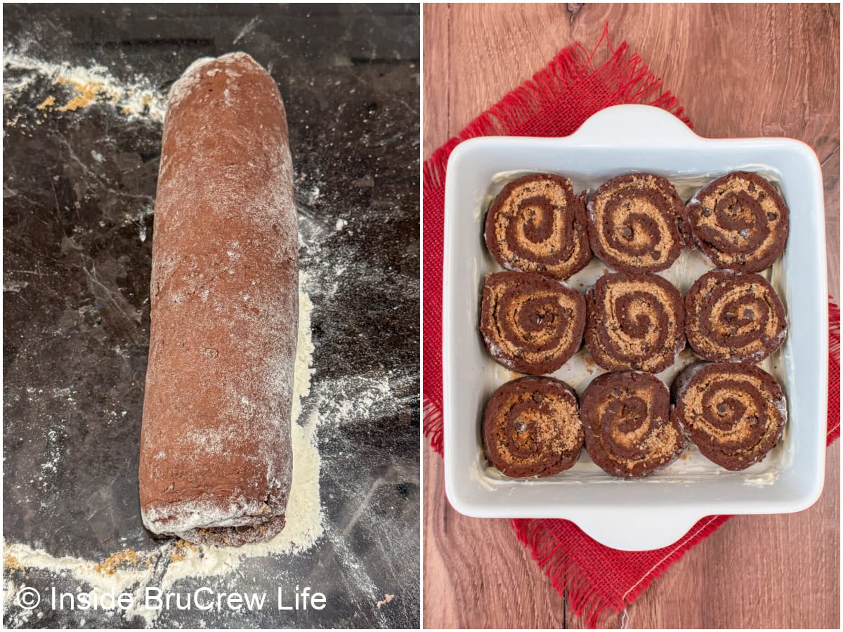 Two pictures showing a cinnamon roll log and cut rolls in a pan.