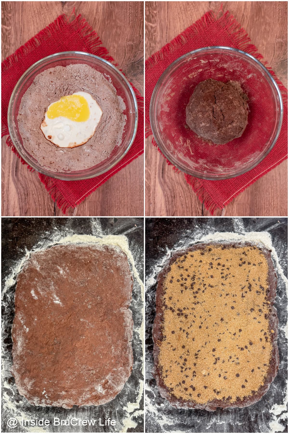 Four pictures collaged together showing the steps in making chocolate cinnamon rolls.