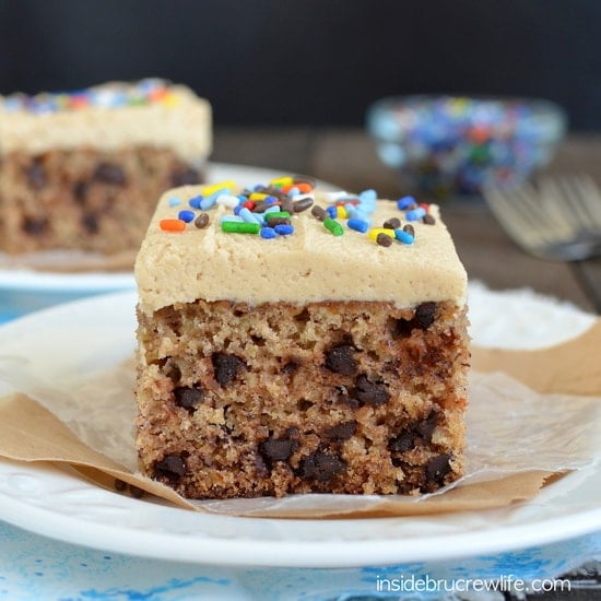 Peanut Butter Chocolate Chip Banana Cake - this delicious banana cake will disappear before you know it