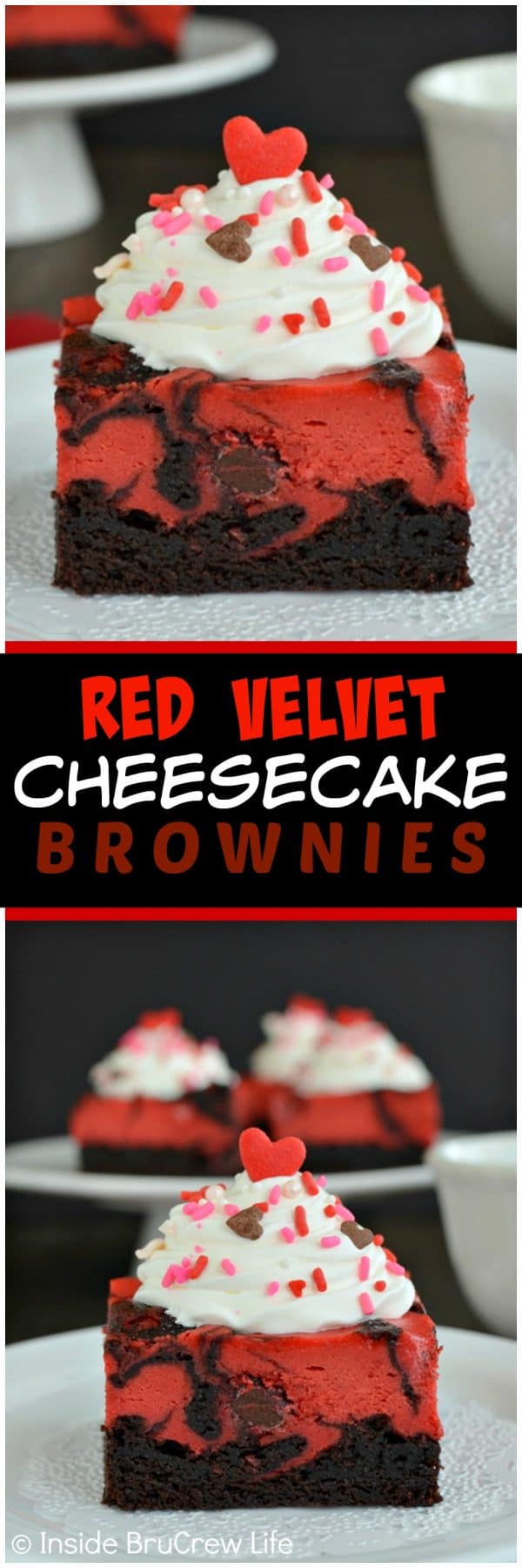 Red Velvet Cheesecake Brownies - swirls of fudge brownies and red velvet cheesecake makes a bright and fun dessert. Easy recipe to make for parties! #redvelvet #cheesecake #brownies #valentine #valentinesday #dessert 