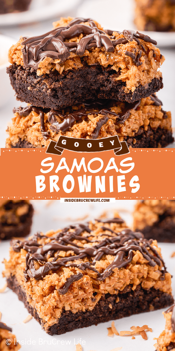 Two pictures of Samoas Brownies collaged together with an orange text box.