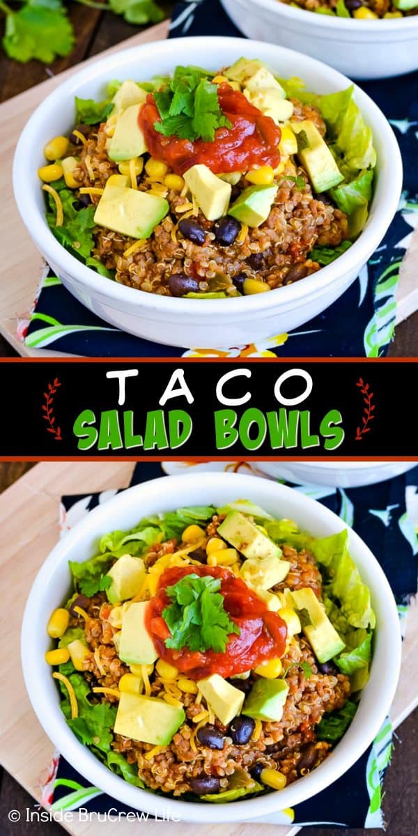 Taco Salad Bowls - these easy salad bowls are a delicious and healthy meal to serve on busy nights. Make this easy recipe and let everyone add their favorite toppings! #salad #tacosalad #easy #dinner #30minutemeal #tacotuesday