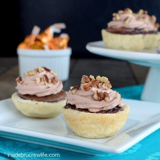 Mini brownie pies with a hidden caramel center.  These are amazing!