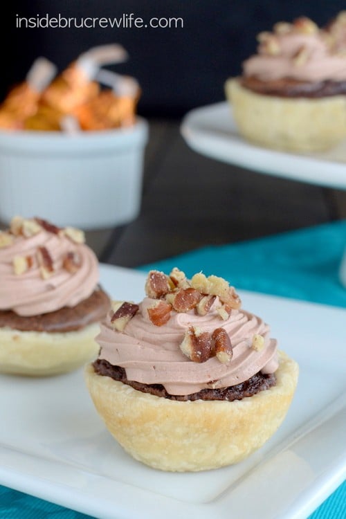 Mini brownie pies with a hidden caramel center.  These are amazing!