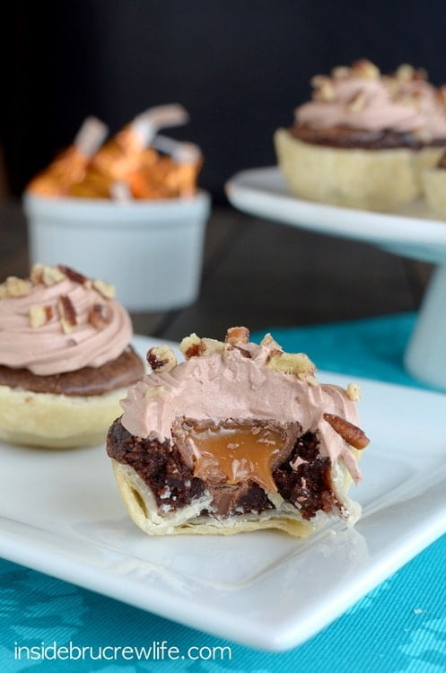 Mini brownie pies with a hidden caramel center.  These are amazing!