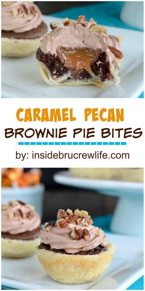 Mini brownie pies with a hidden caramel center.  These are amazing!