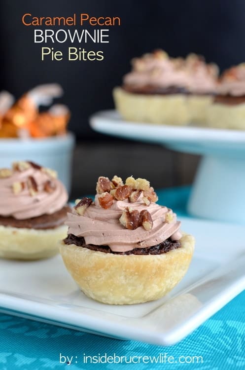 Mini brownie pies with a hidden caramel center.  These are amazing!