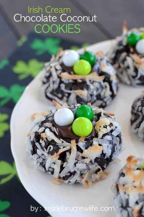 Irish Cream Chocolate Coconut Cookies - chocolate coconut cookies with a creamy Irish Cream chocolate center