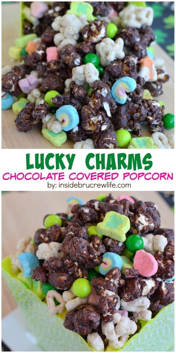Chocolate covered popcorn mixed with Lucky Charms cereal and candy is a fun treat for movie night. It will disappear in a hurry!